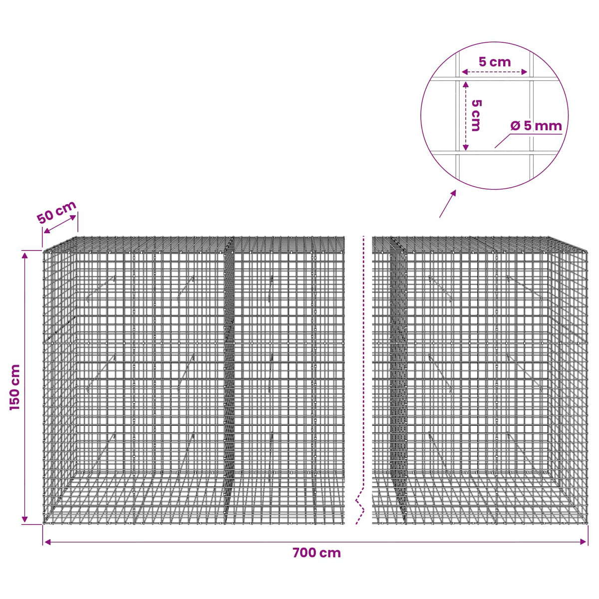 vidaXL Gabion with 5 mm Wire and 5x5 cm Mesh 700x50x150 cm 6