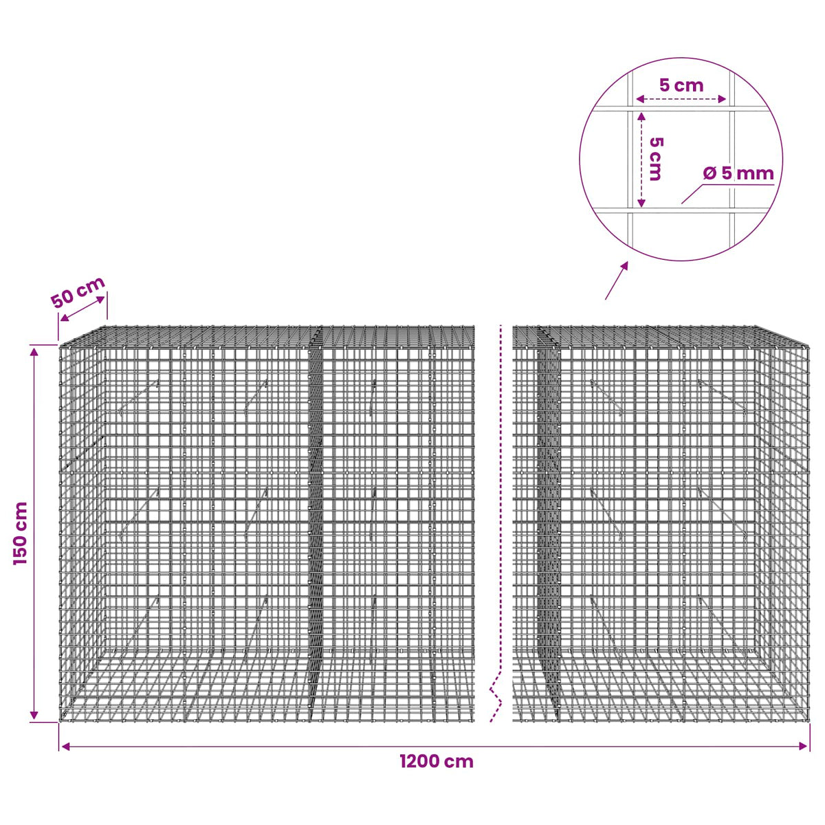 vidaXL Gabion with 5 mm Wire and 5x5 cm Mesh 1200x50x150 cm 6
