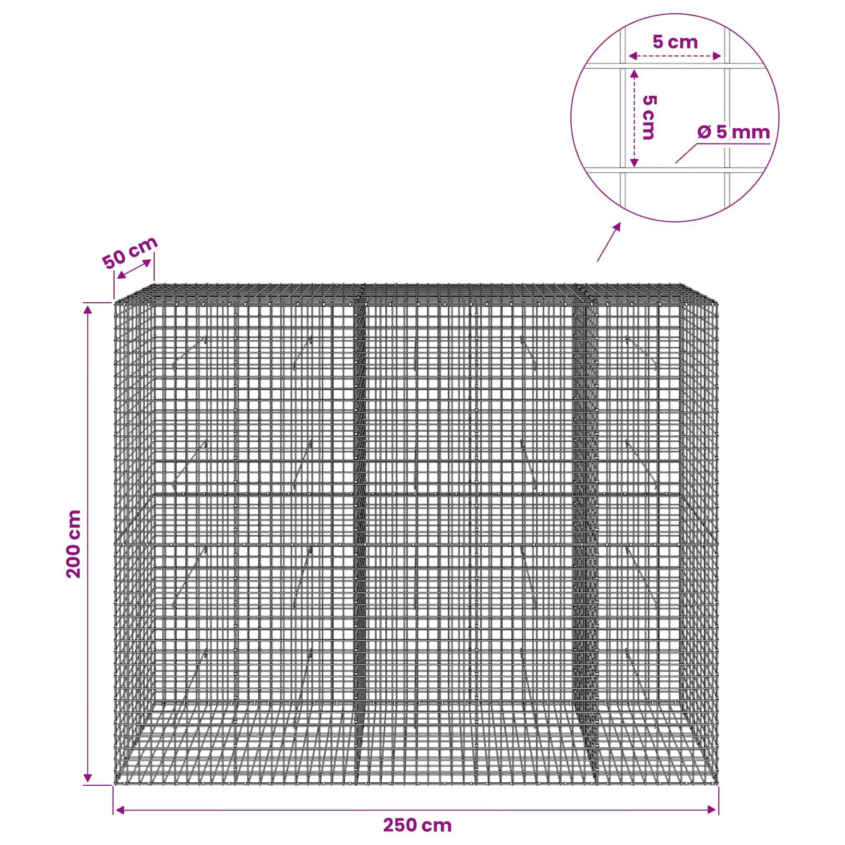 vidaXL Gabion with 5 mm Wire and 5x5 cm Mesh 250x50x200 cm 6