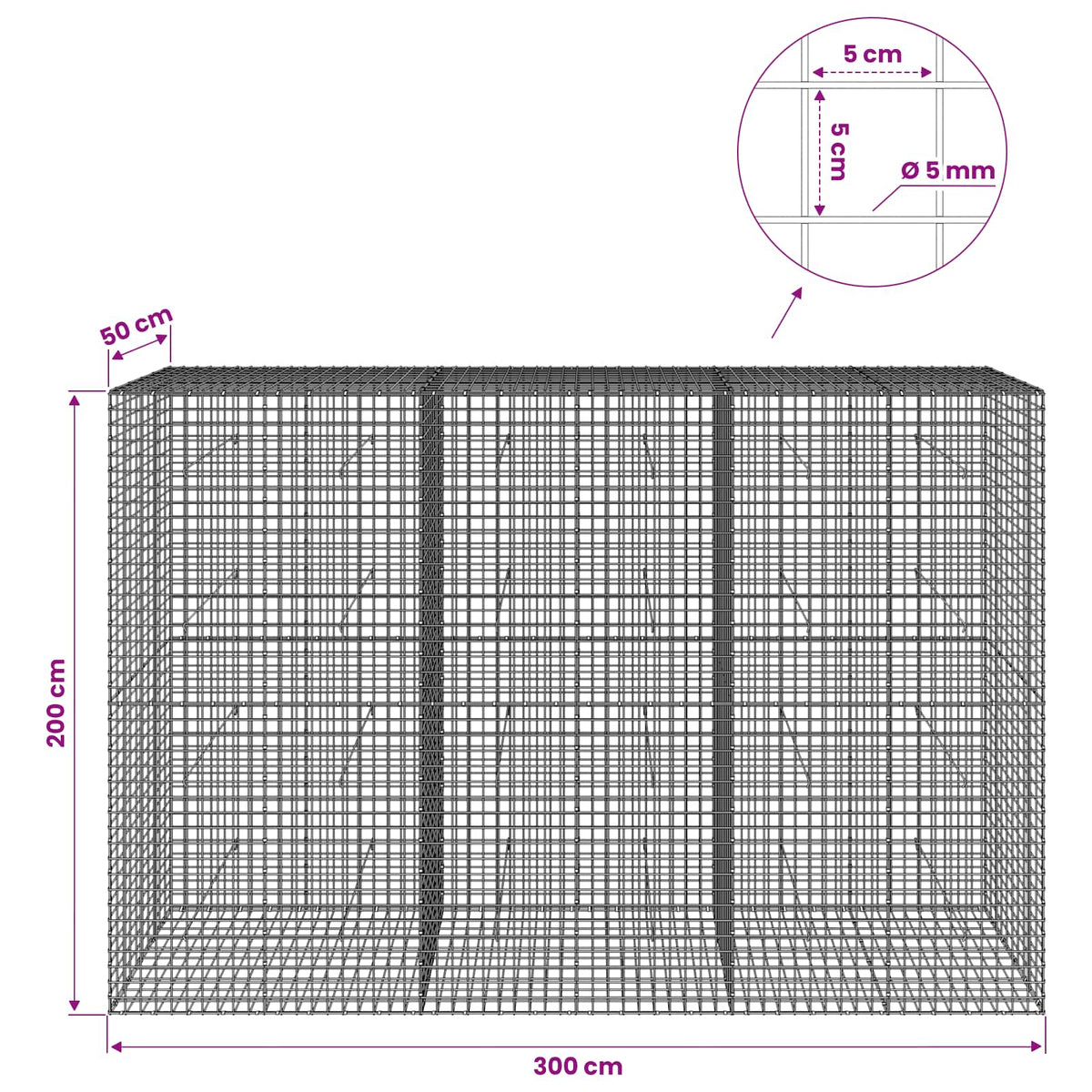 vidaXL Gabion with 5 mm Wire and 5x5 cm Mesh 300x50x200 cm 6