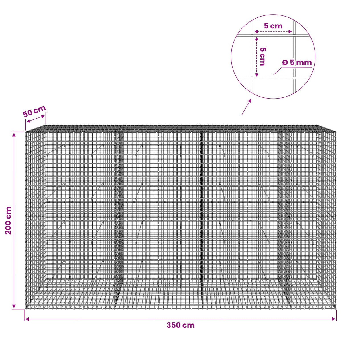 vidaXL Gabion with 5 mm Wire and 5x5 cm Mesh 350x50x200 cm 6