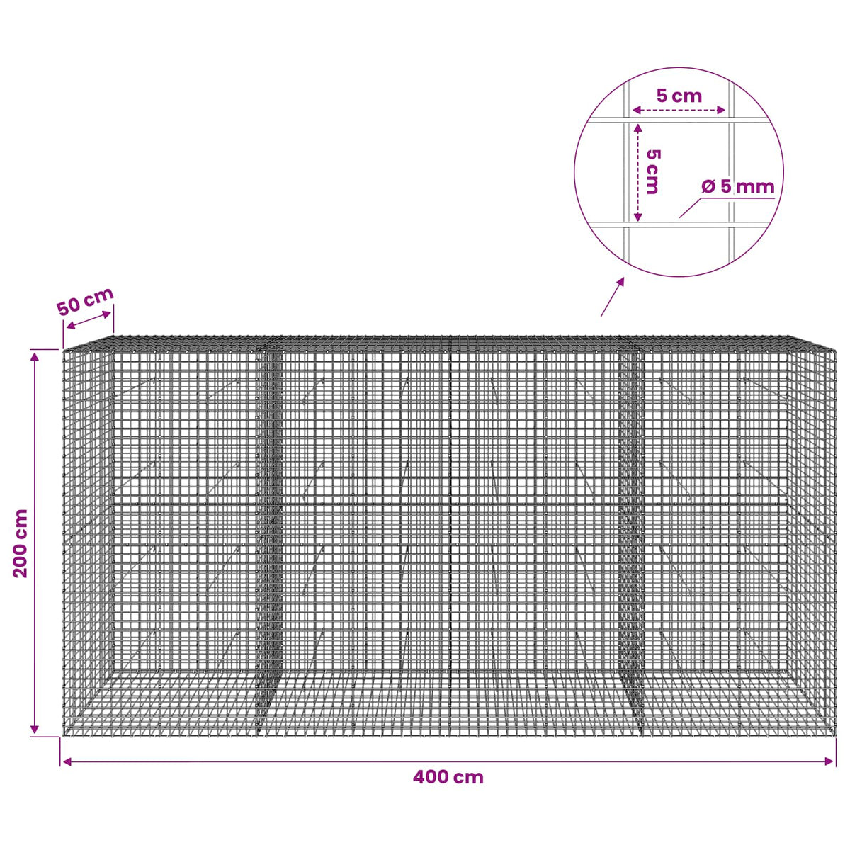 vidaXL Gabion with 5 mm Wire and 5x5 cm Mesh 400x50x200 cm 6