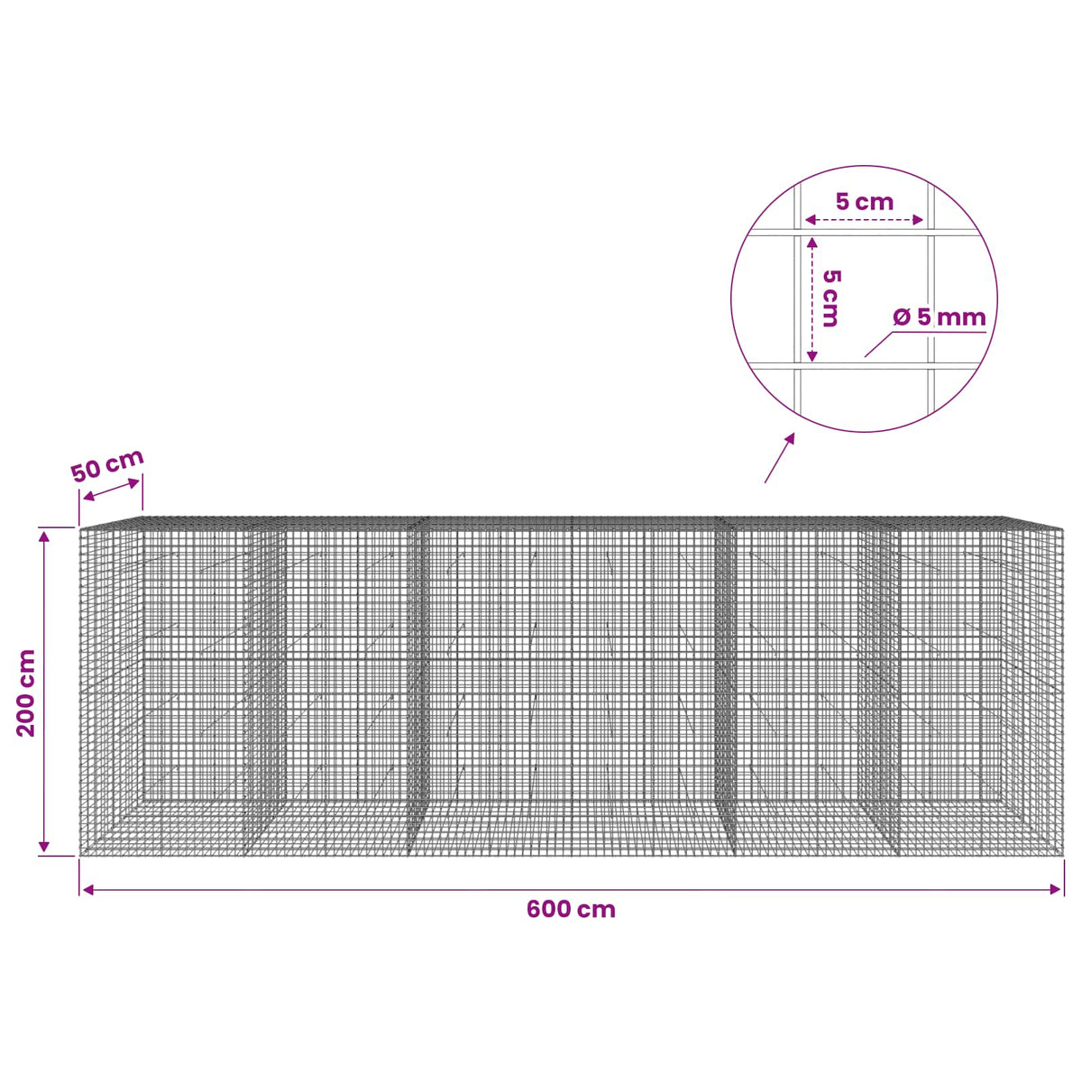 vidaXL Gabion with 5 mm Wire and 5x5 cm Mesh 600x50x200 cm 6