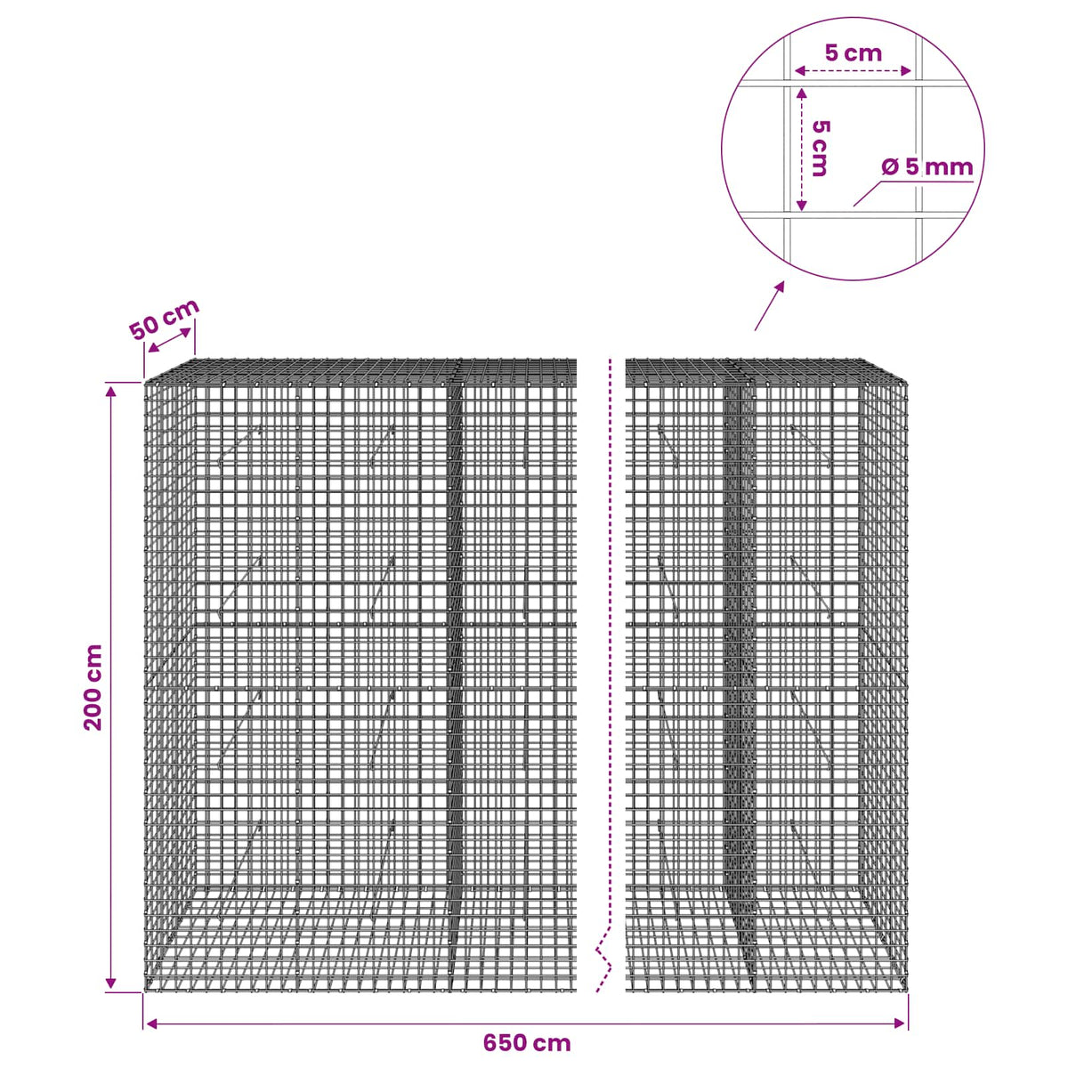 vidaXL Gabion with 5 mm Wire and 5x5 cm Mesh 650x50x200 cm 6
