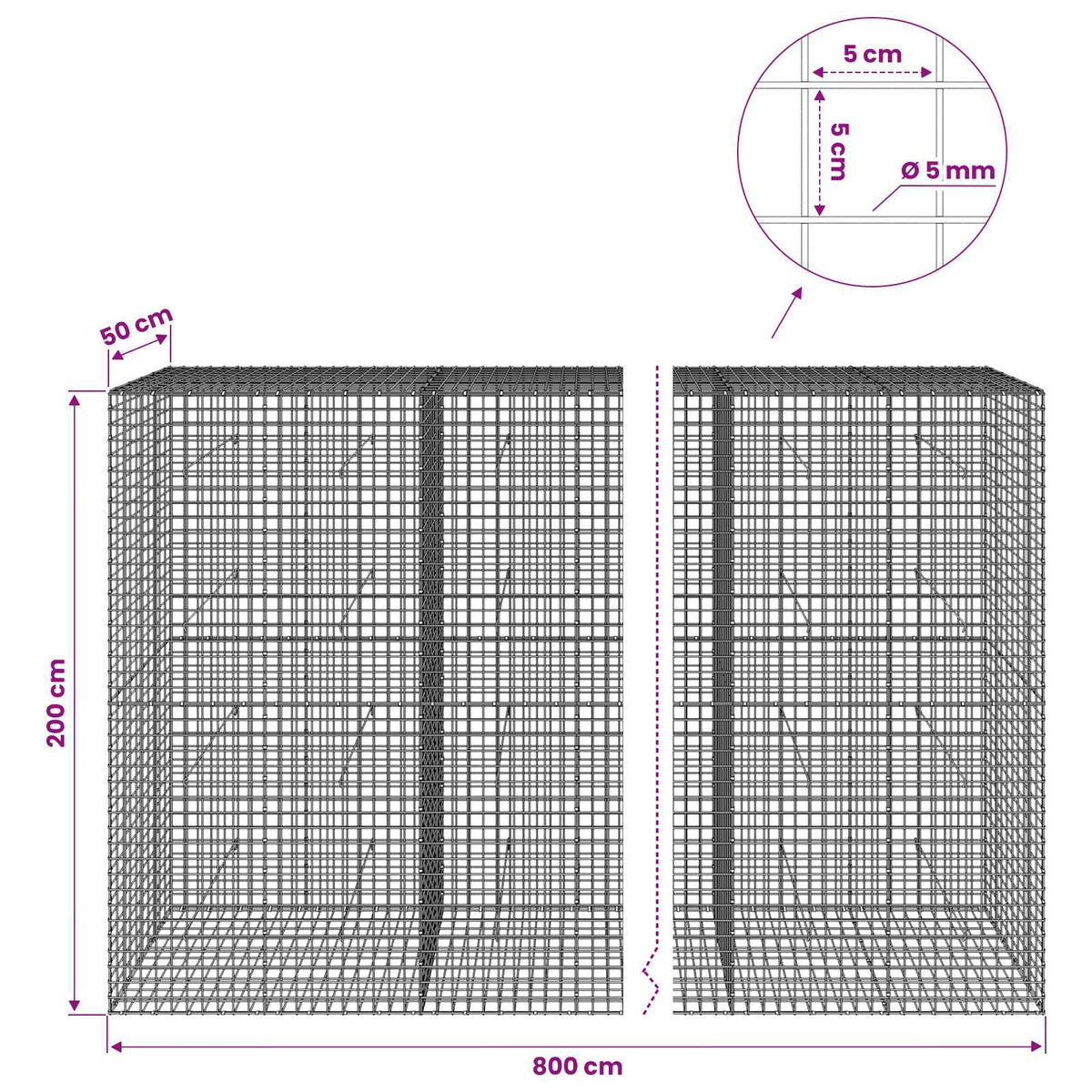 vidaXL Gabion with 5 mm Wire and 5x5 cm Mesh 800x50x200 cm 6
