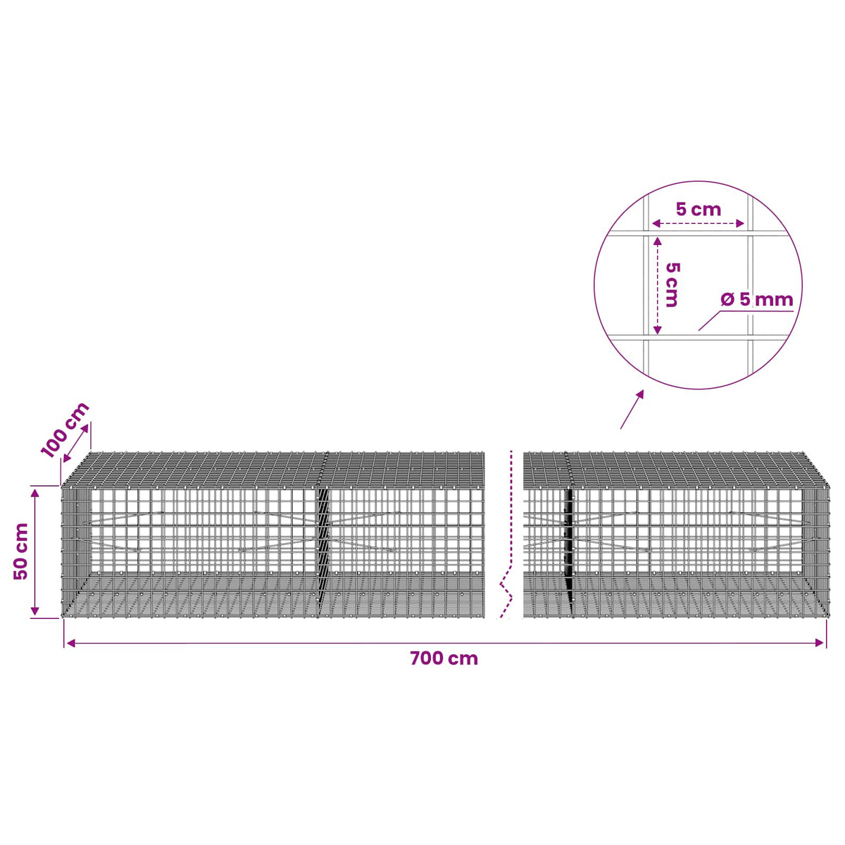 vidaXL Gabion with 5 mm Wire and 5x5 cm Mesh 700x100x50 cm 6