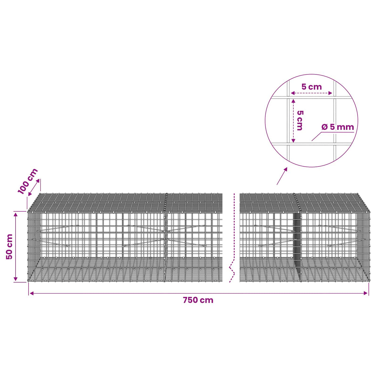 vidaXL Gabion with 5 mm Wire and 5x5 cm Mesh 750x100x50 cm 6