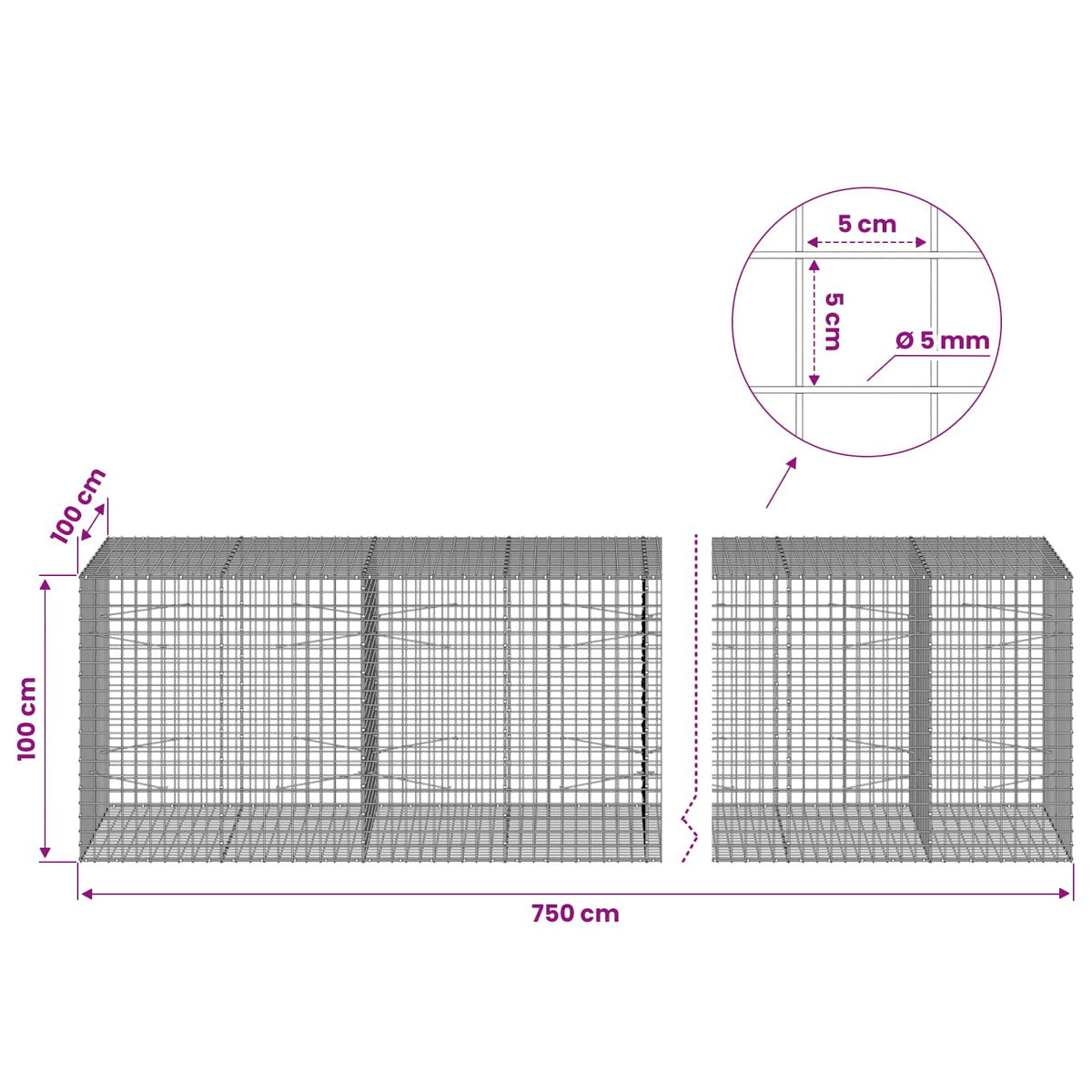 vidaXL Gabion with 5 mm Wire and 5x5 cm Mesh 750x100x100 cm 6