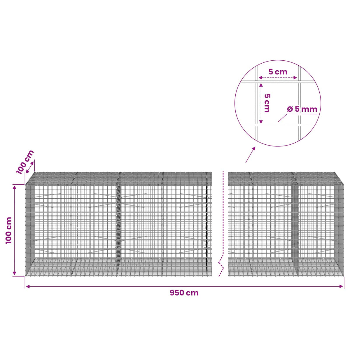 vidaXL Gabion with 5 mm Wire and 5x5 cm Mesh 950x100x100 cm 6