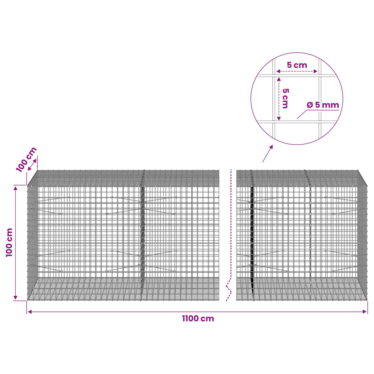 vidaXL Gabion with 5 mm Wire and 5x5 cm Mesh 1100x100x100 cm 6
