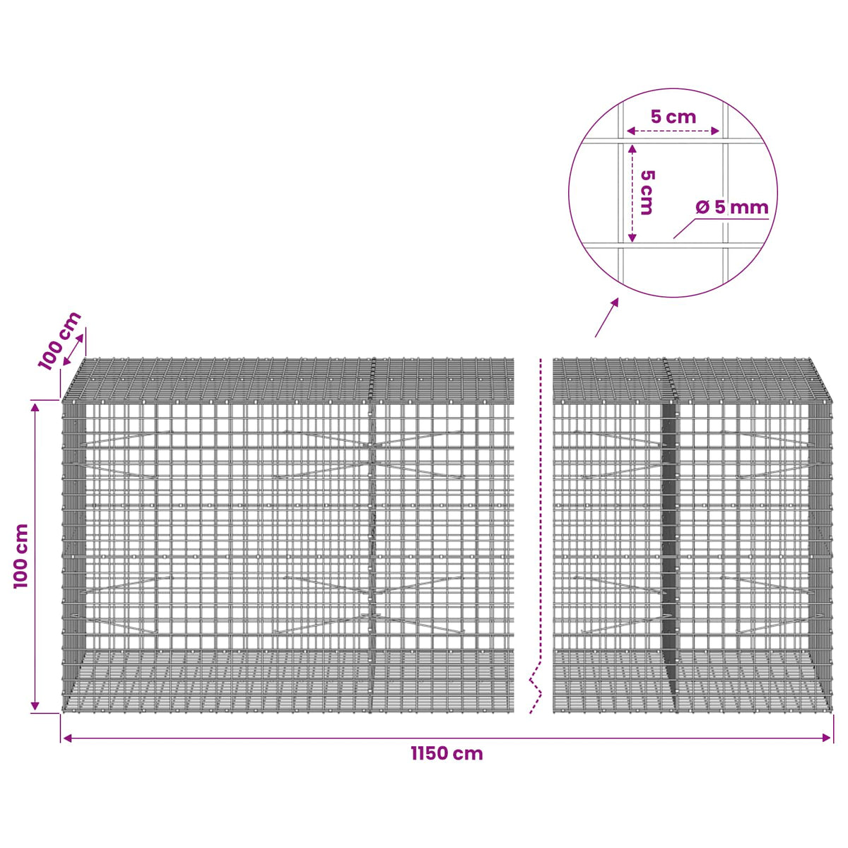 vidaXL Gabion with 5 mm Wire and 5x5 cm Mesh 1150x100x100 cm 6