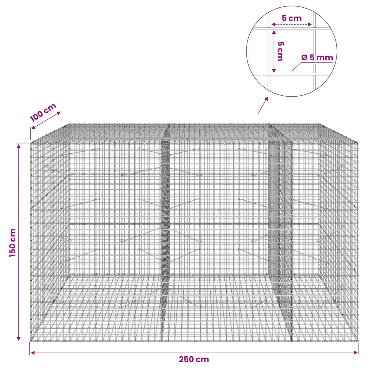 vidaXL Gabion with 5 mm Wire and 5x5 cm Mesh 250x100x150 cm 6