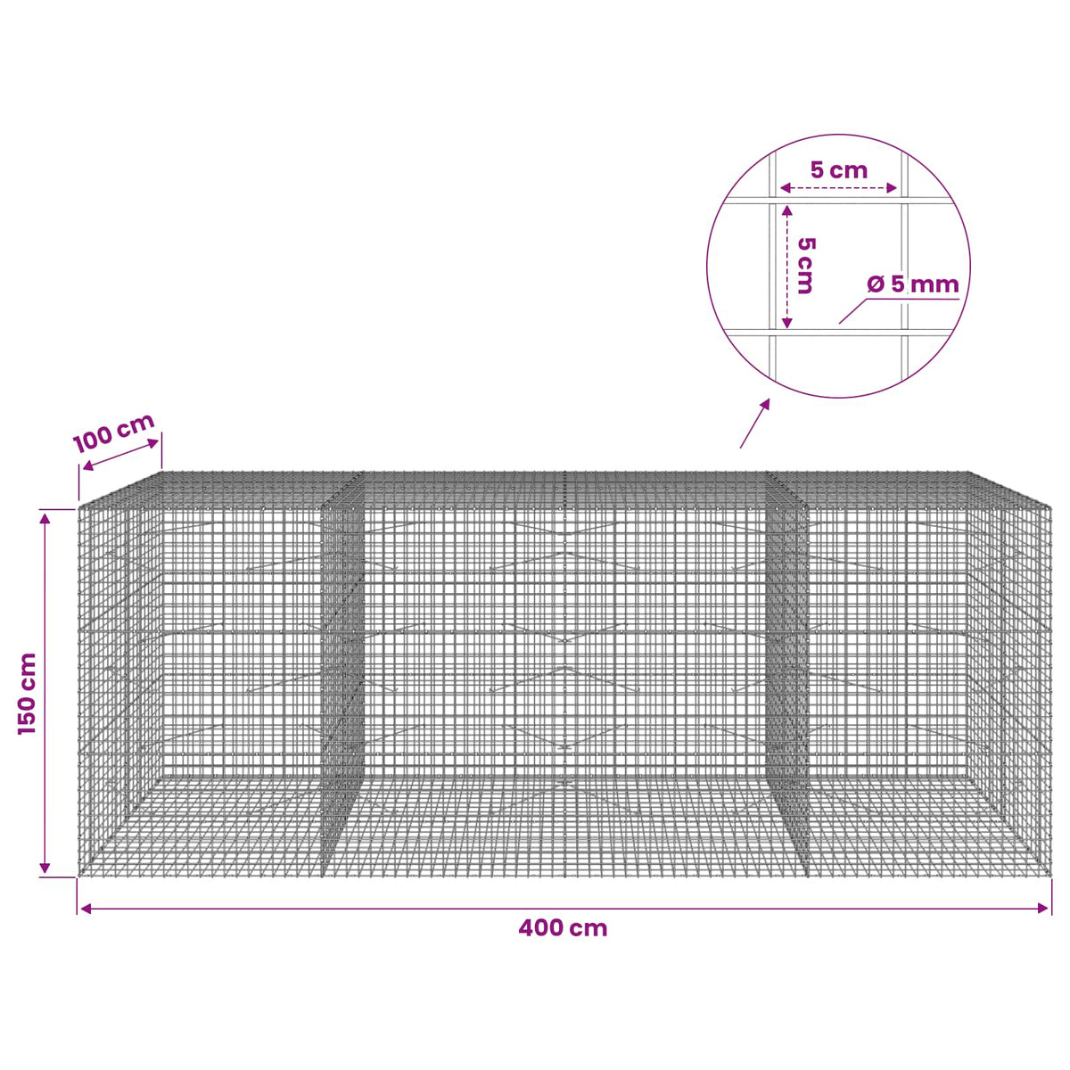 vidaXL Gabion with 5 mm Wire and 5x5 cm Mesh 400x100x150 cm 6