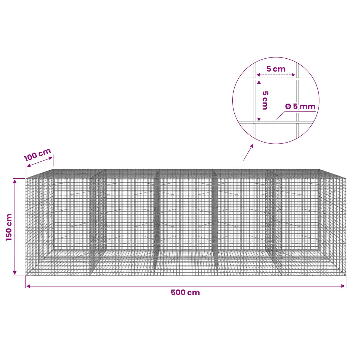 vidaXL Gabion with 5 mm Wire and 5x5 cm Mesh 500x100x150 cm 6