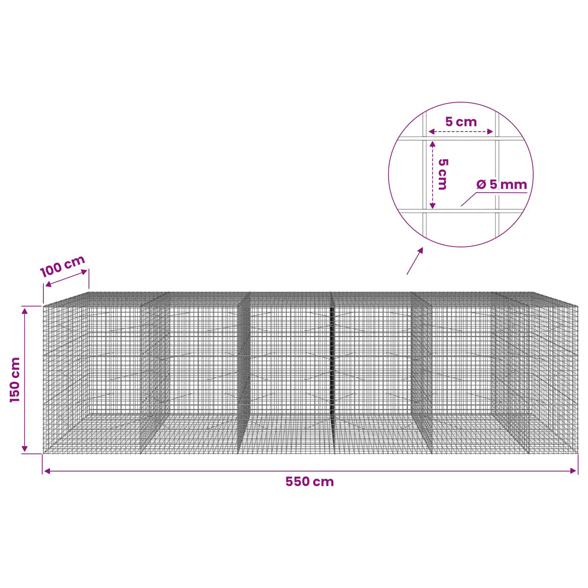 vidaXL Gabion with 5 mm Wire and 5x5 cm Mesh 550x100x150 cm 6