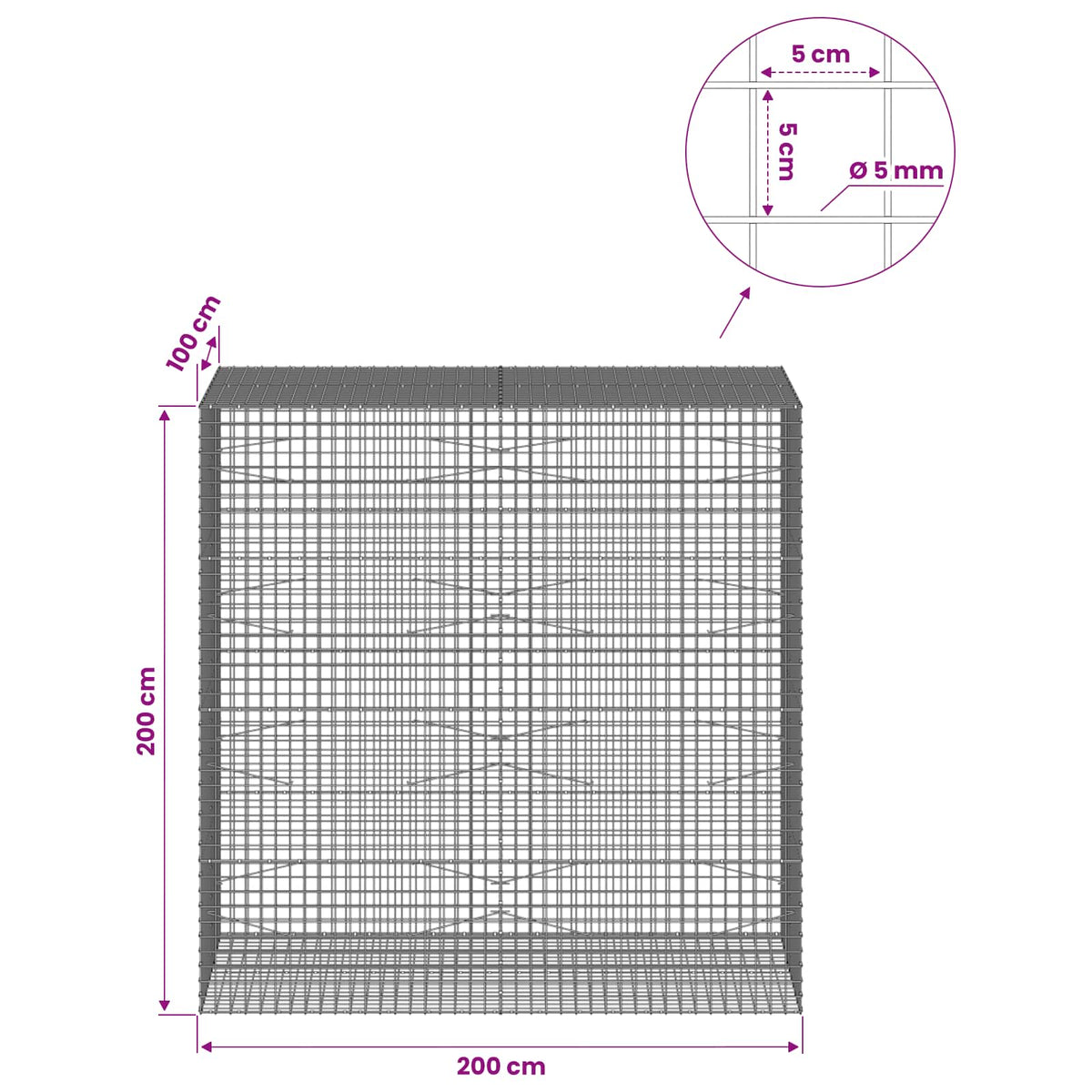 vidaXL Gabion with 5 mm Wire and 5x5 cm Mesh 200x100x200 cm 6