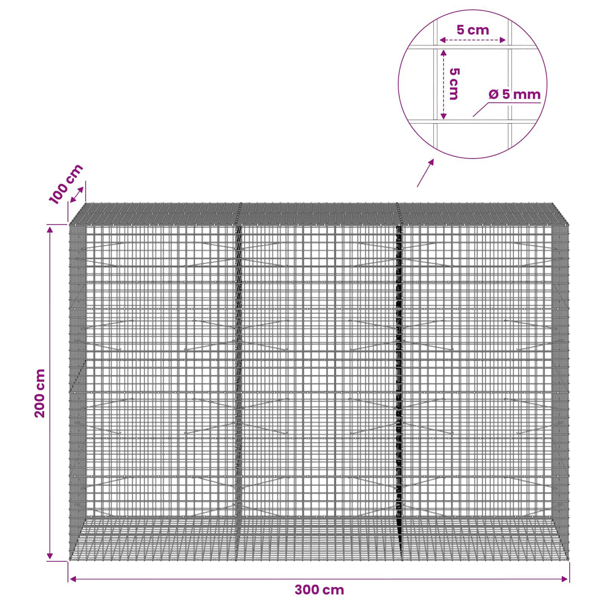 vidaXL Gabion with 5 mm Wire and 5x5 cm Mesh 300x100x200 cm 6