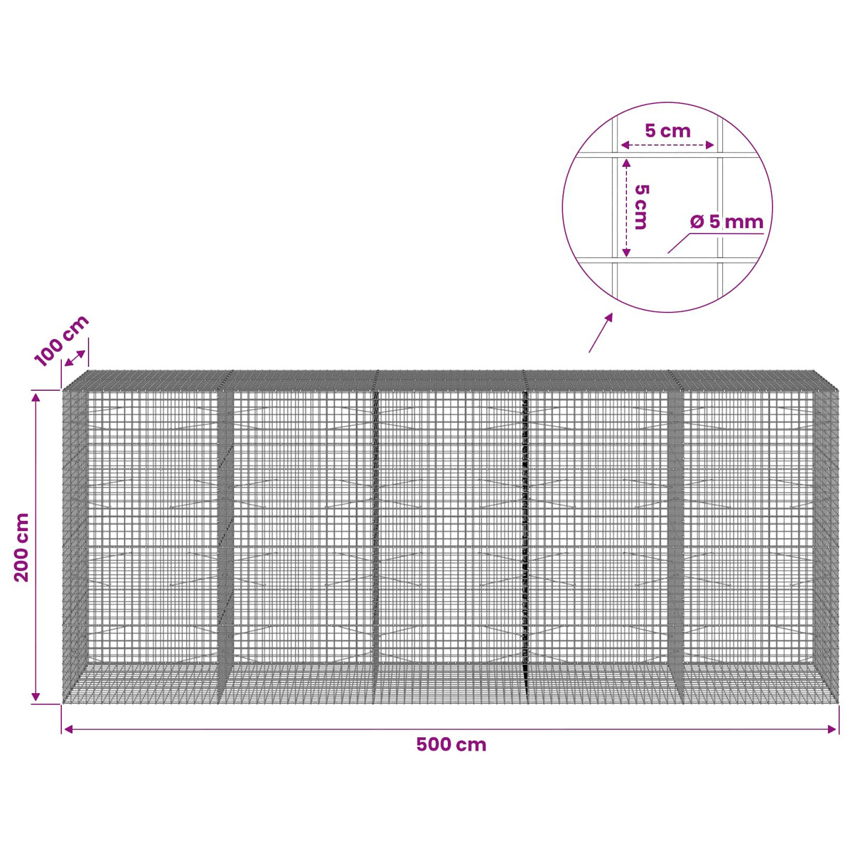 vidaXL Gabion with 5 mm Wire and 5x5 cm Mesh 500x100x200 cm 6