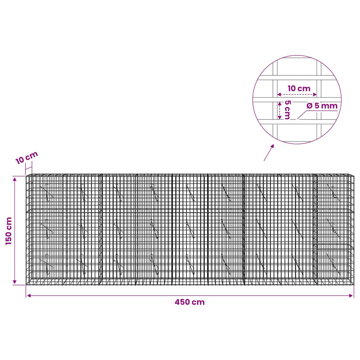 vidaXL Gabion with 5 mm Wire and 5x10 cm Mesh 450x10x150 cm 6