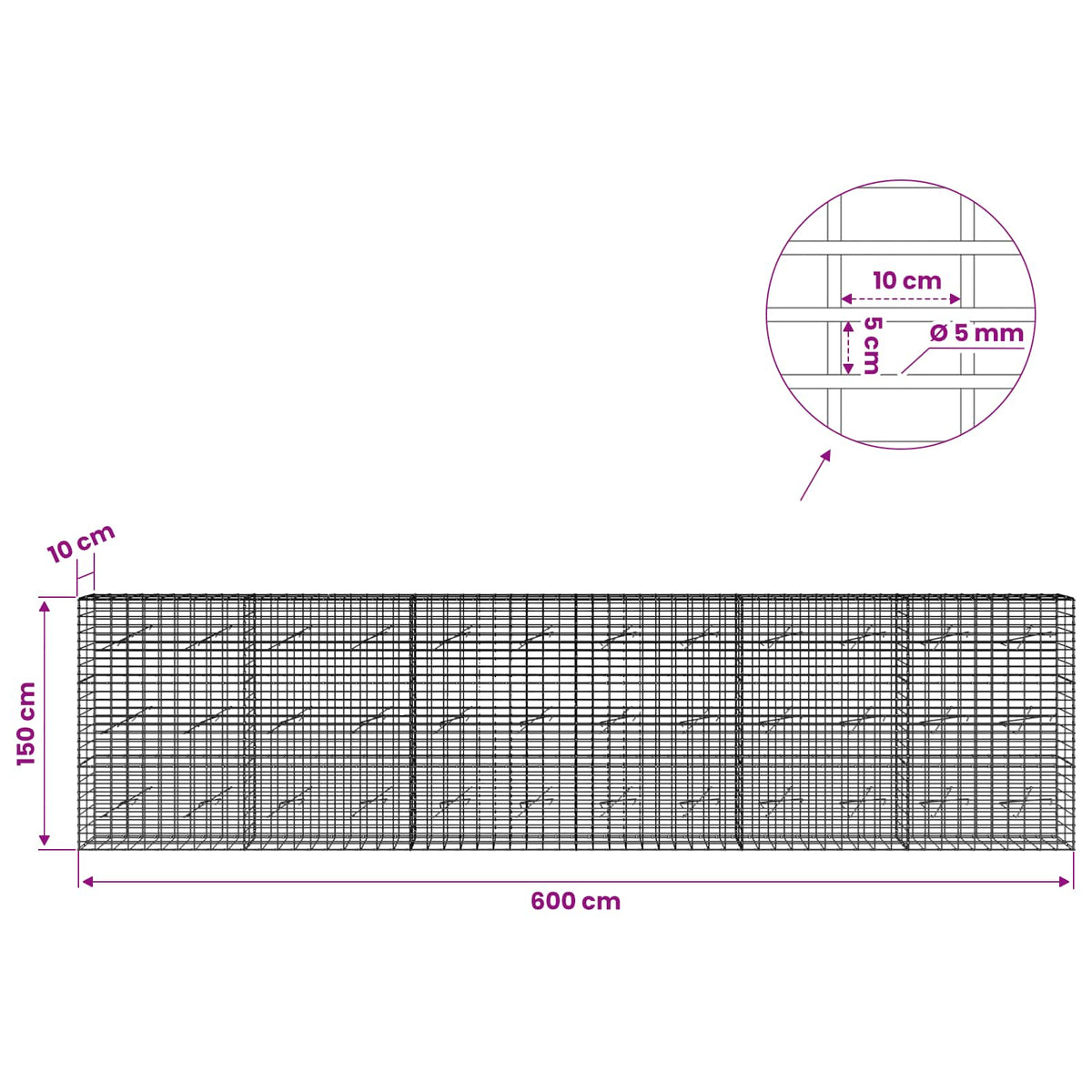 vidaXL Gabion with 5 mm Wire and 5x10 cm Mesh 600x10x150 cm 6
