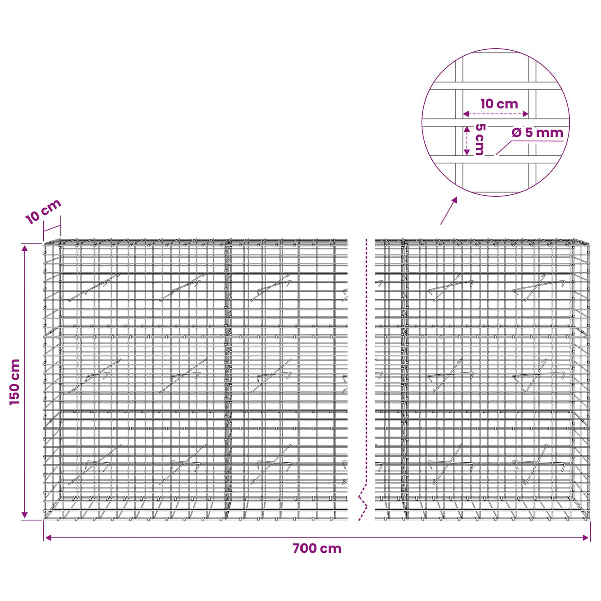 vidaXL Gabion with 5 mm Wire and 5x10 cm Mesh 700x10x150 cm 6