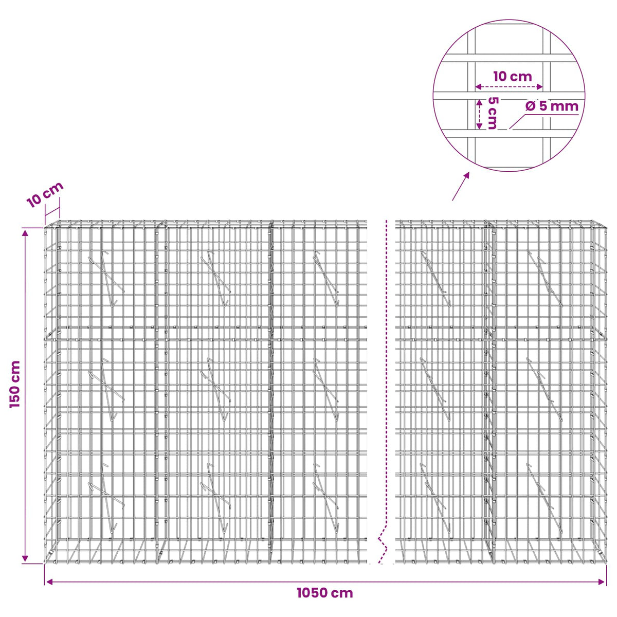 vidaXL Gabion with 5 mm Wire and 5x10 cm Mesh 1050x10x150 cm 6