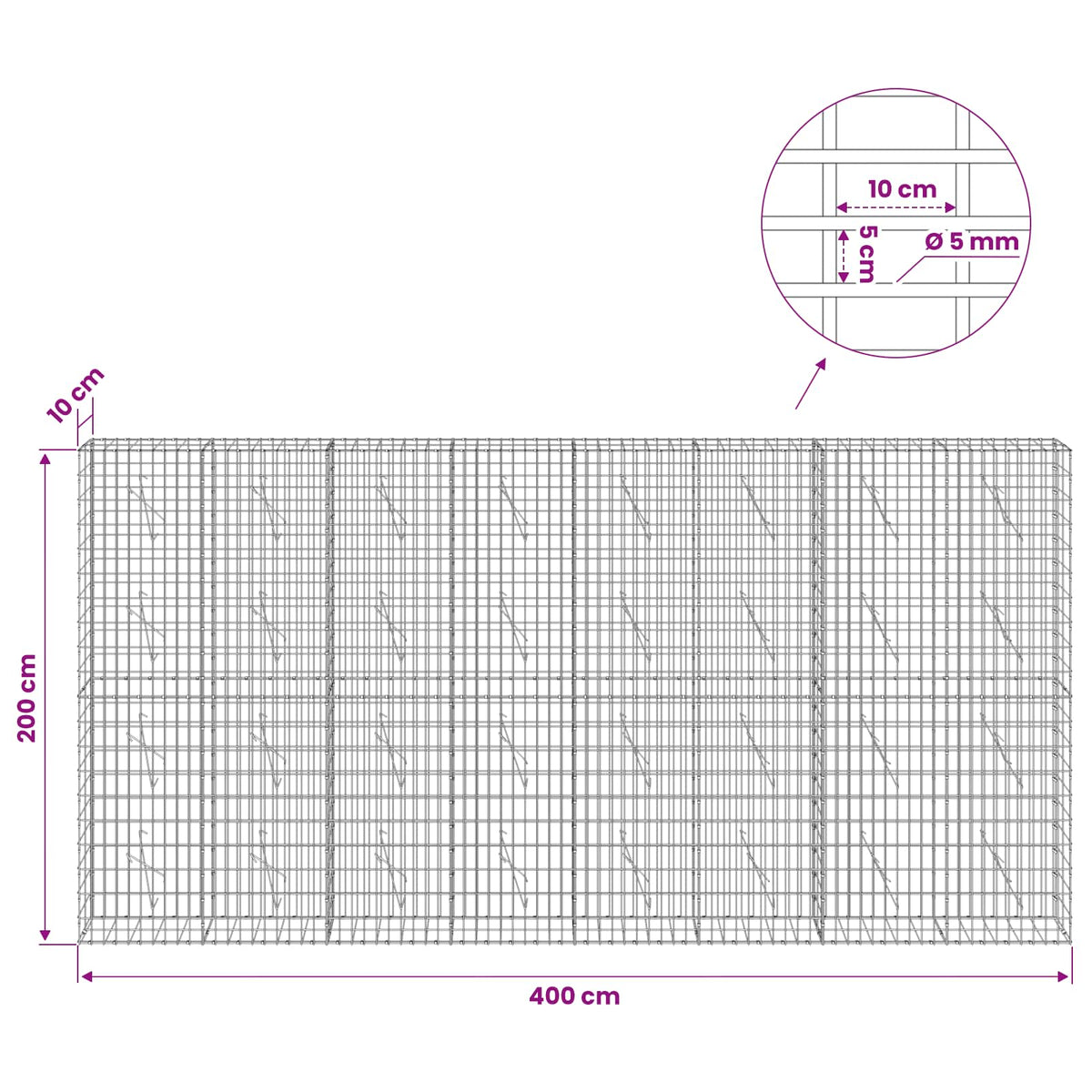 vidaXL Gabion with 5 mm Wire and 5x10 cm Mesh 400x10x200 cm 6
