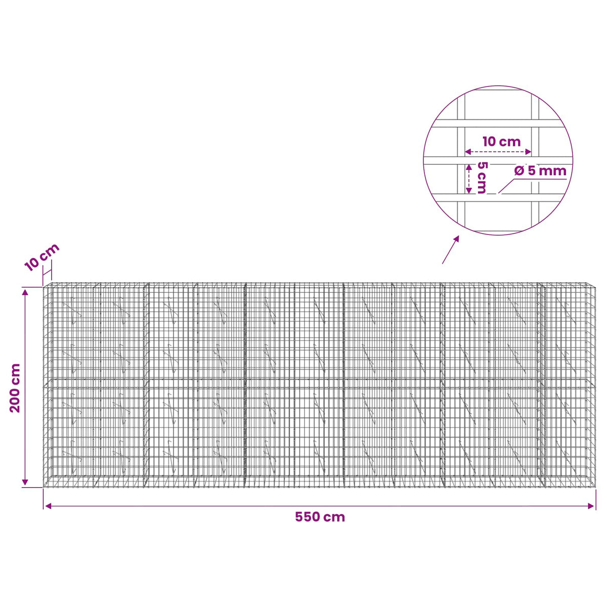 vidaXL Gabion with 5 mm Wire and 5x10 cm Mesh 550x10x200 cm 6