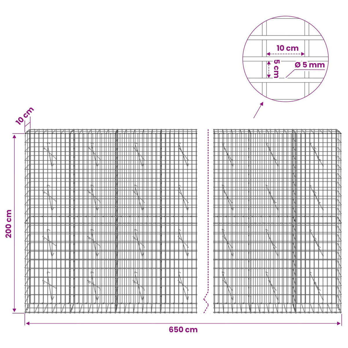 vidaXL Gabion with 5 mm Wire and 5x10 cm Mesh 650x10x200 cm 6
