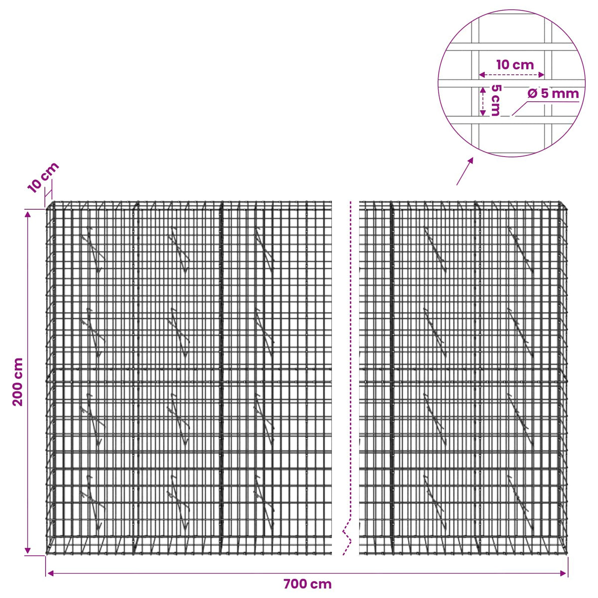 vidaXL Gabion with 5 mm Wire and 5x10 cm Mesh 700x10x200 cm 6