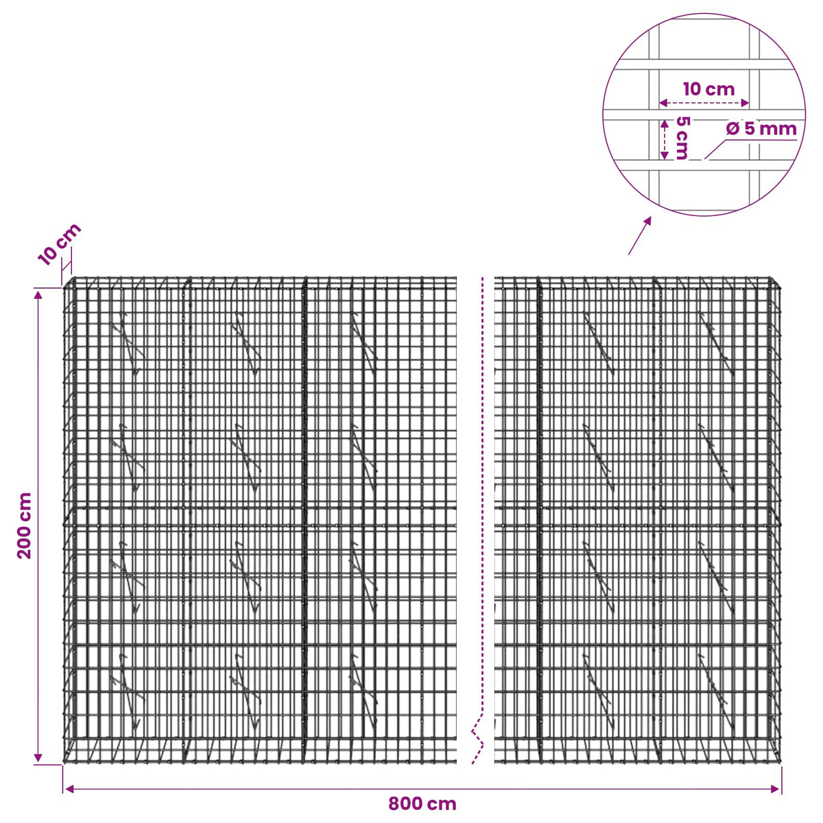 vidaXL Gabion with 5 mm Wire and 5x10 cm Mesh 800x10x200 cm 6