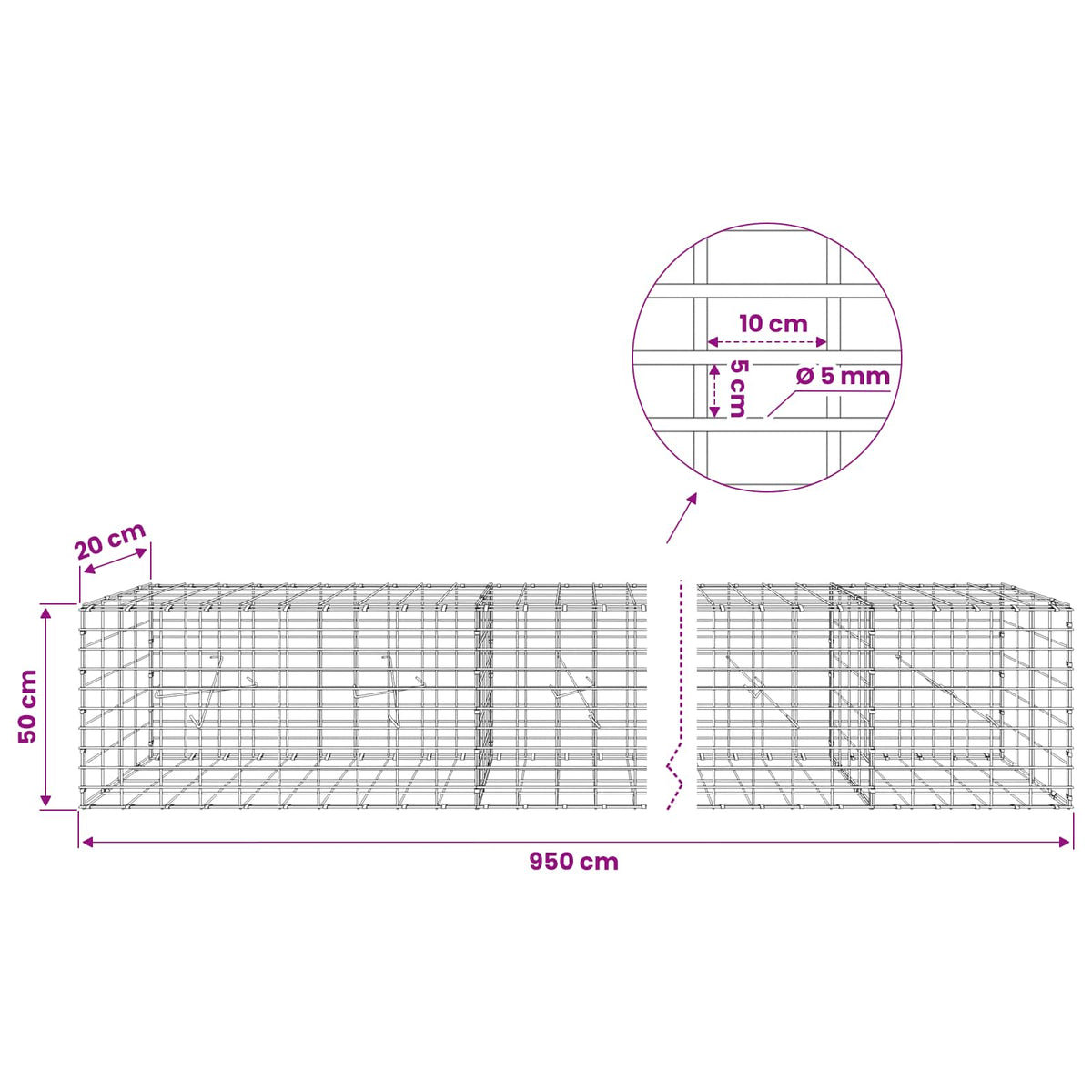 vidaXL Gabion with 5 mm Wire and 5x10 cm Mesh 950x20x50 cm 6
