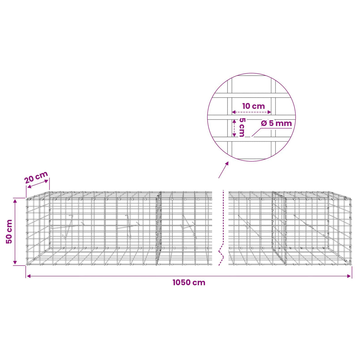 vidaXL Gabion with 5 mm Wire and 5x10 cm Mesh 1050x20x50 cm 6