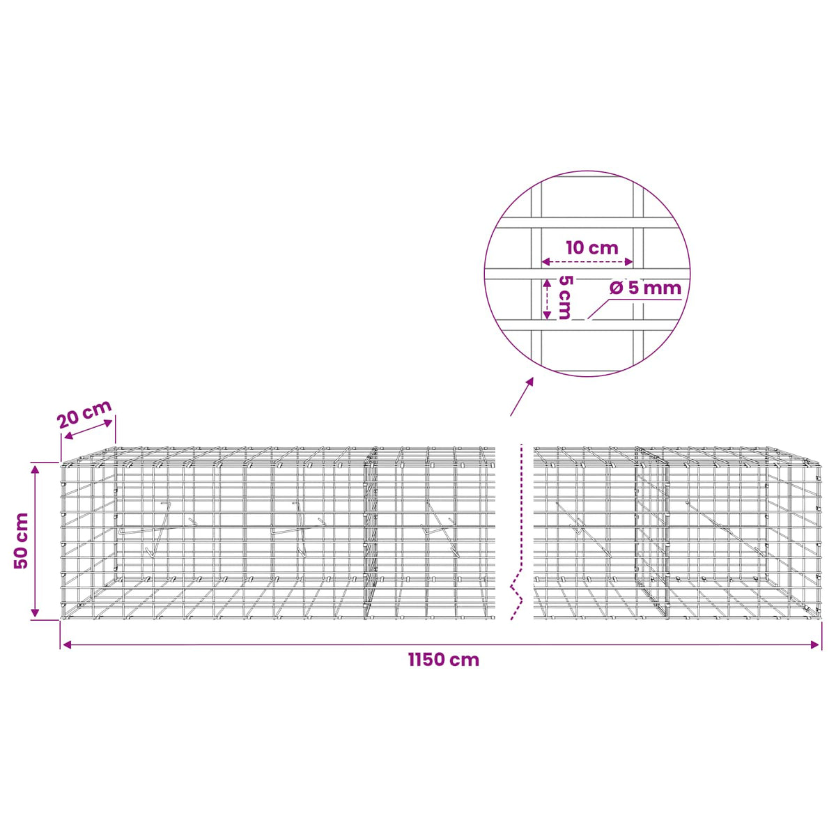 vidaXL Gabion with 5 mm Wire and 5x10 cm Mesh 1150x20x50 cm 6