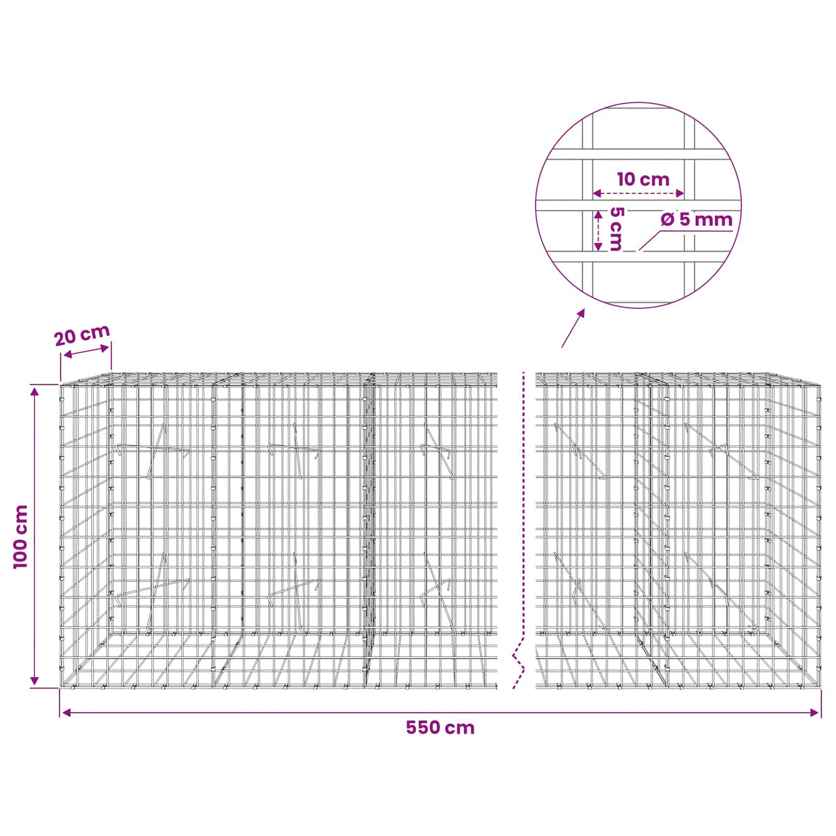 vidaXL Gabion with 5 mm Wire and 5x10 cm Mesh 550x20x100 cm 6