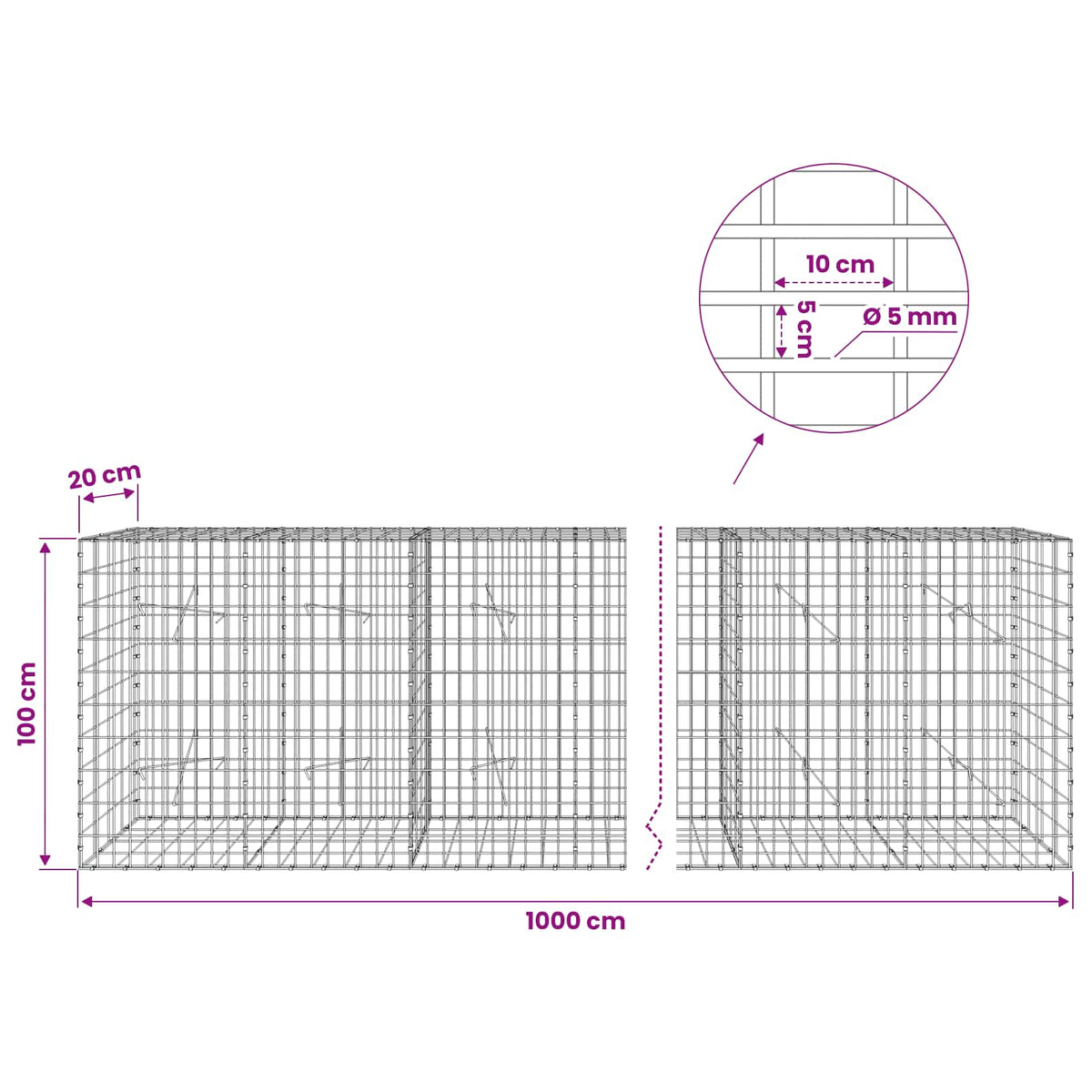 vidaXL Gabion with 5 mm Wire and 5x10 cm Mesh 1000x20x100 cm 6
