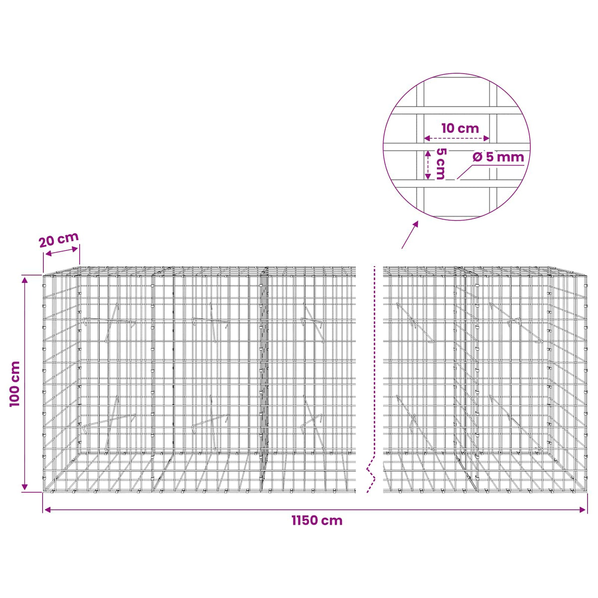 vidaXL Gabion with 5 mm Wire and 5x10 cm Mesh 1150x20x100 cm 6
