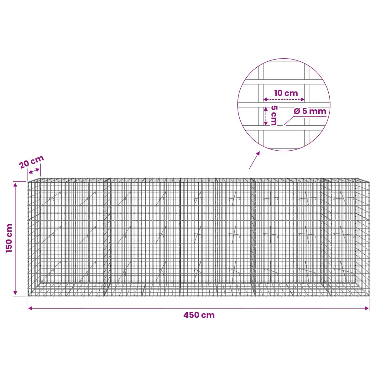 vidaXL Gabion with 5 mm Wire and 5x10 cm Mesh 450x20x150 cm 6