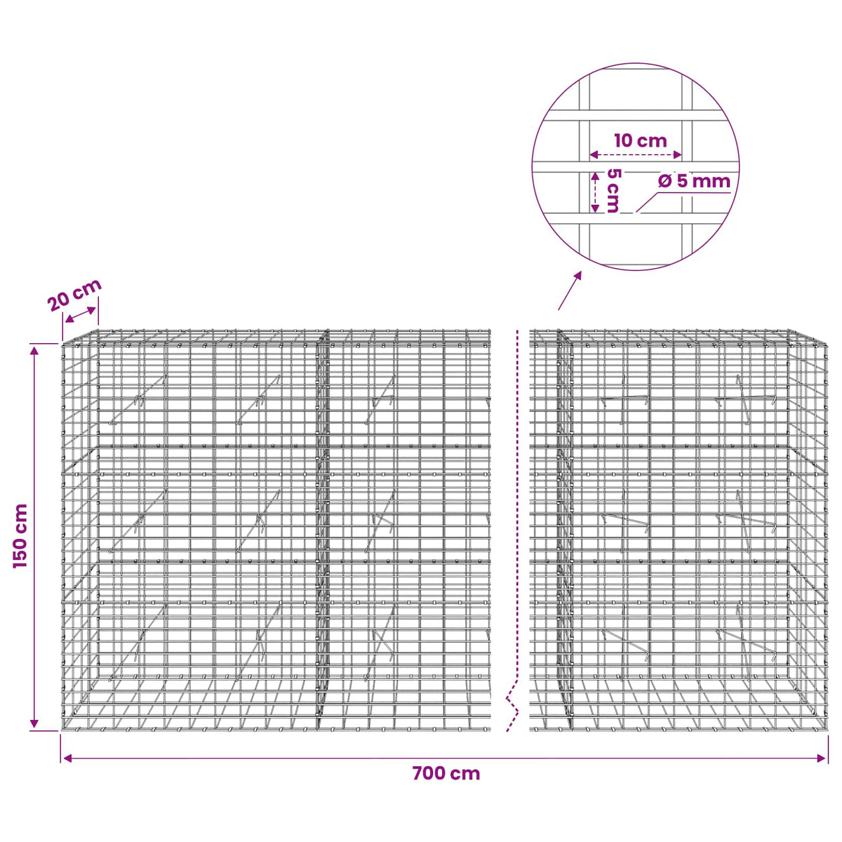 vidaXL Gabion with 5 mm Wire and 5x10 cm Mesh 700x20x150 cm 6
