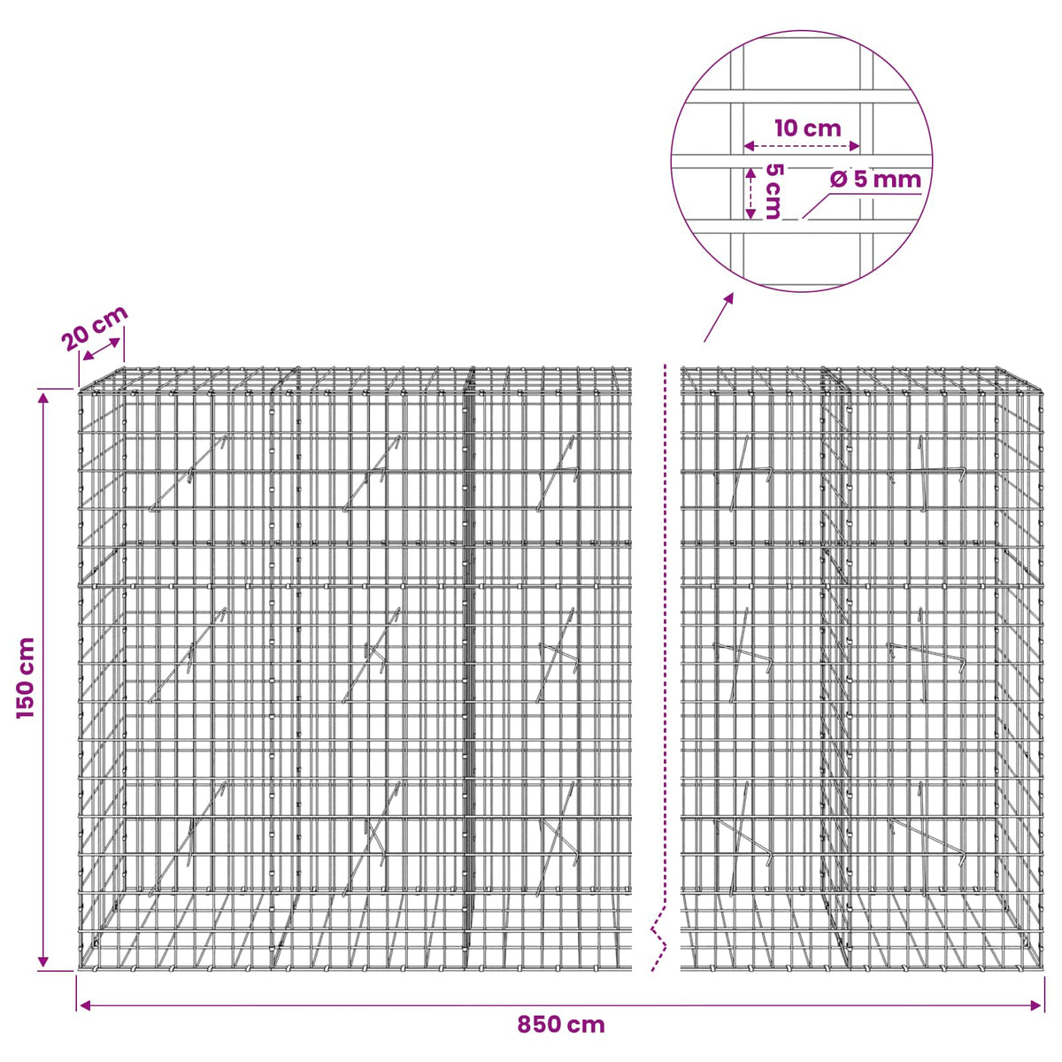 vidaXL Gabion with 5 mm Wire and 5x10 cm Mesh 850x20x150 cm 6
