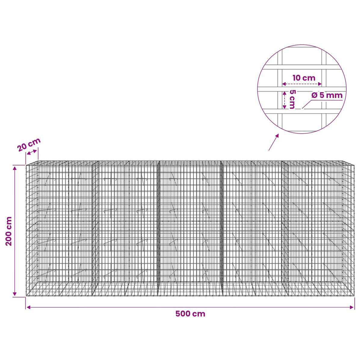 vidaXL Gabion with 5 mm Wire and 5x10 cm Mesh 500x20x200 cm 6