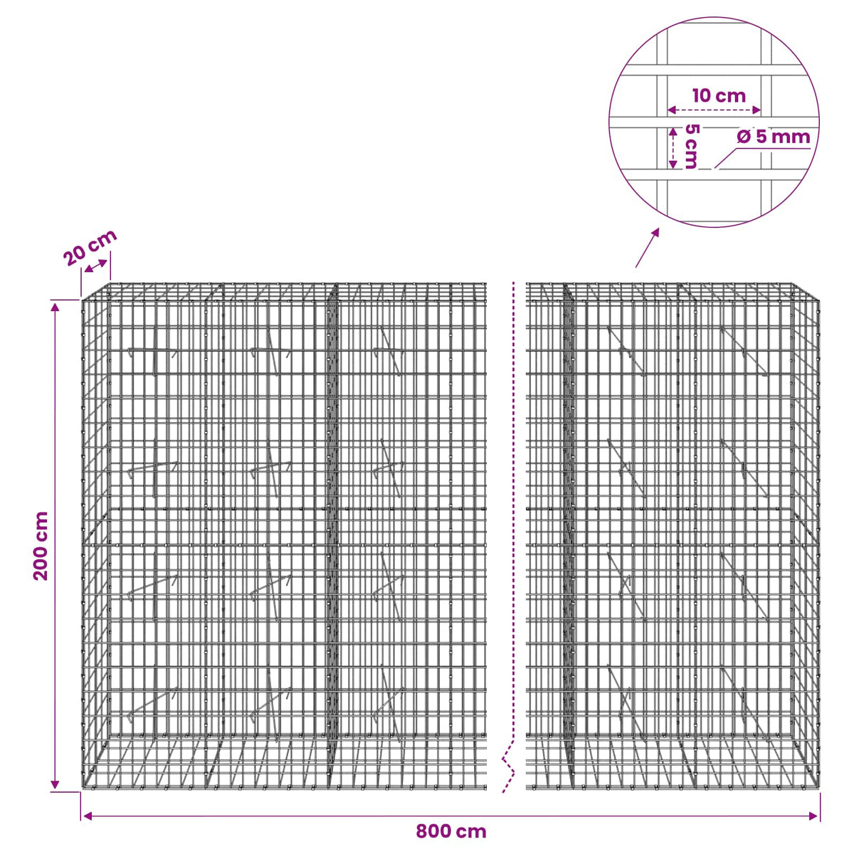 vidaXL Gabion with 5 mm Wire and 5x10 cm Mesh 800x20x200 cm 6