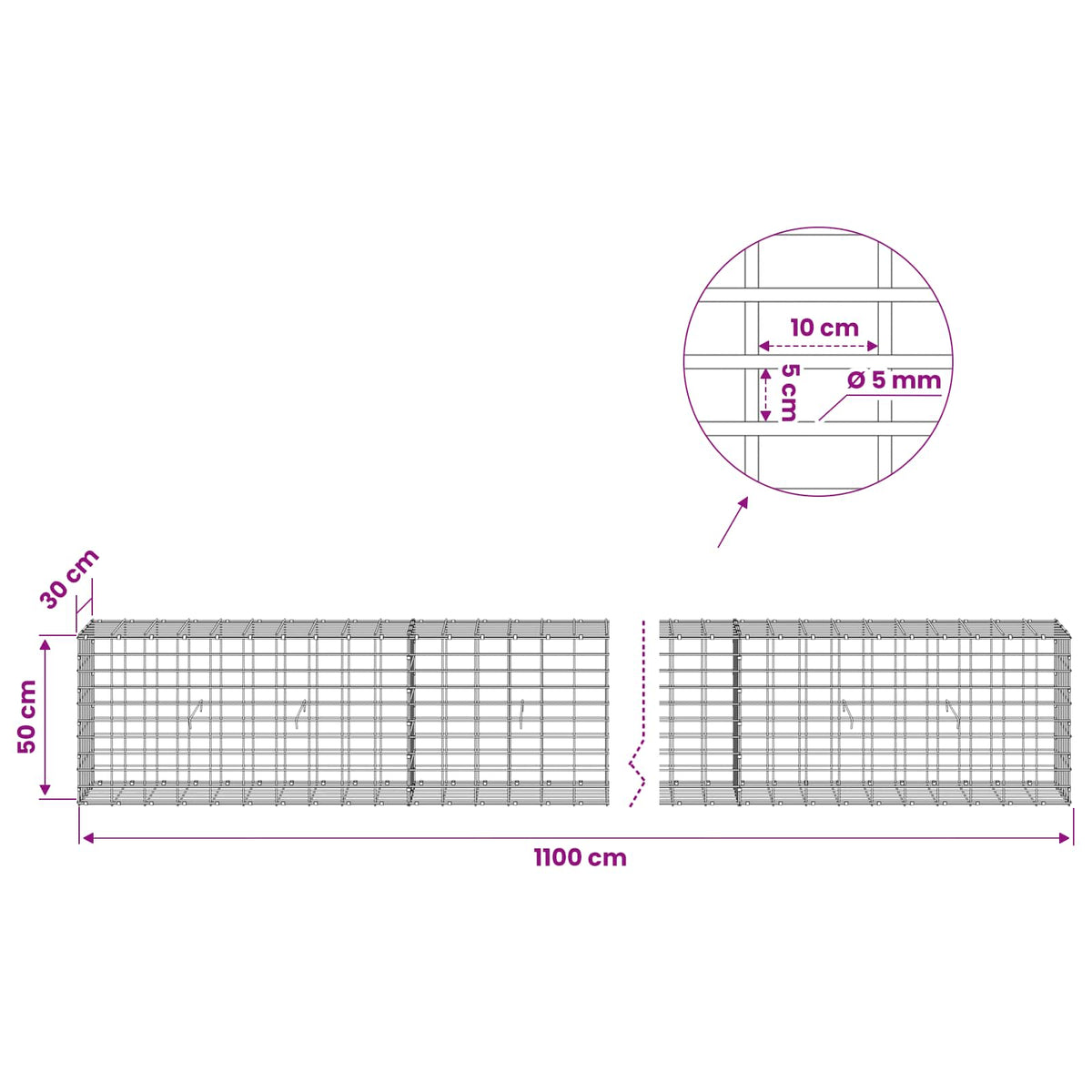 vidaXL Gabion with 5 mm Wire and 5x10 cm Mesh 1100x30x50 cm 6