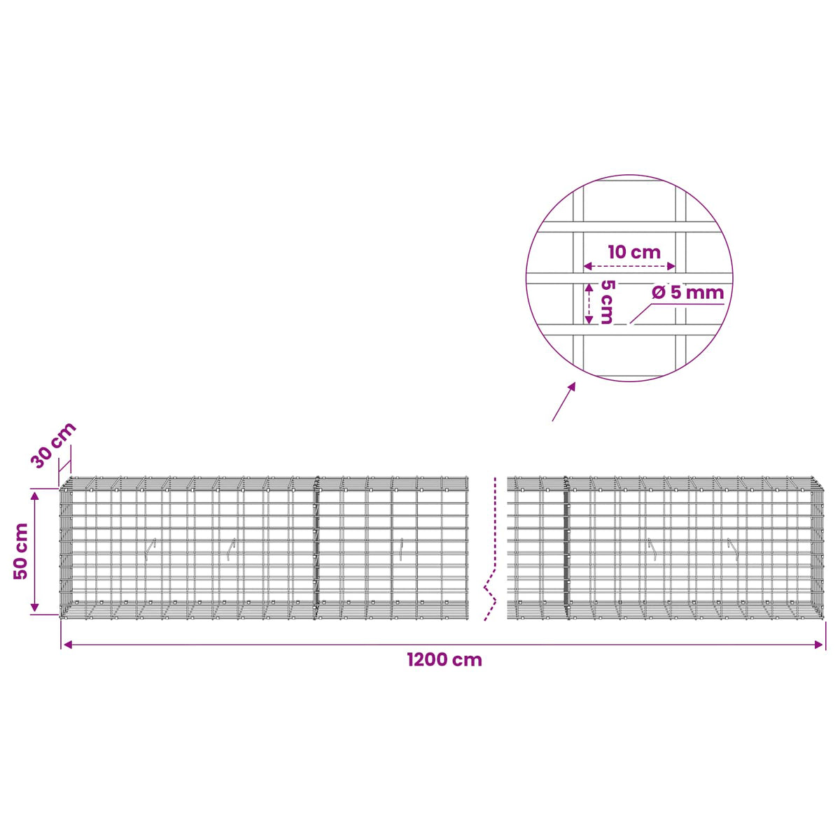 vidaXL Gabion with 5 mm Wire and 5x10 cm Mesh 1200x30x50 cm 6