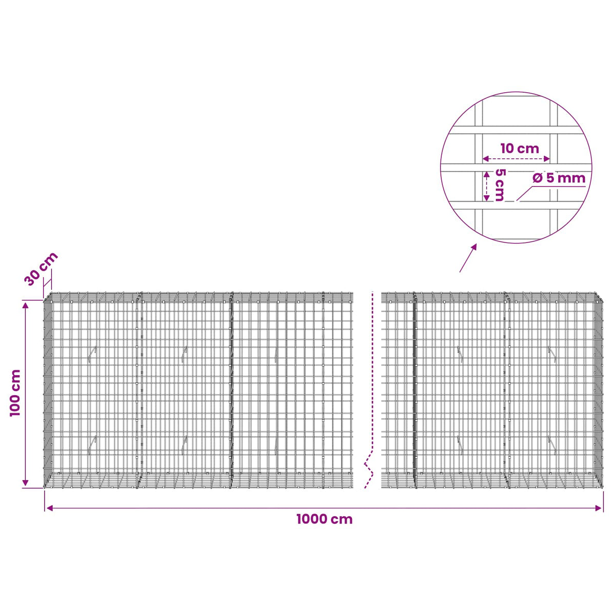 vidaXL Gabion with 5 mm Wire and 5x10 cm Mesh 1000x30x100 cm 6