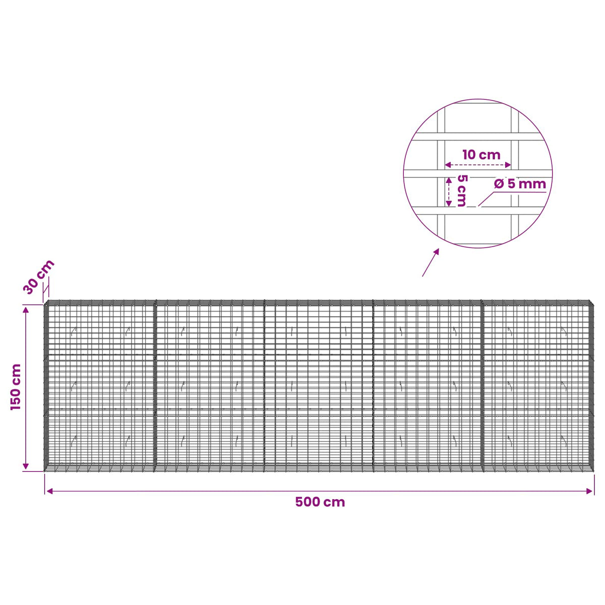 vidaXL Gabion with 5 mm Wire and 5x10 cm Mesh 500x30x150 cm 6
