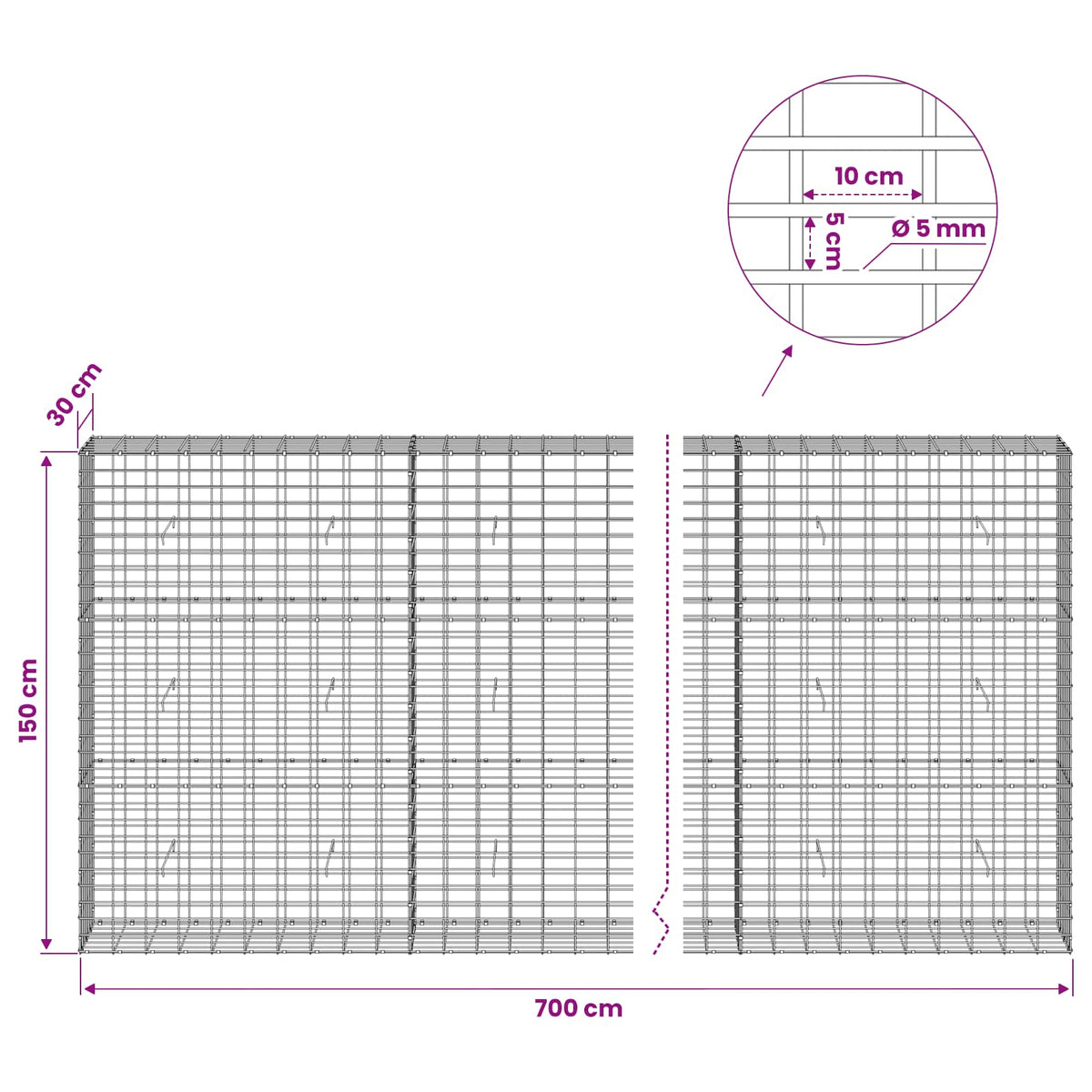vidaXL Gabion with 5 mm Wire and 5x10 cm Mesh 700x30x150 cm 6