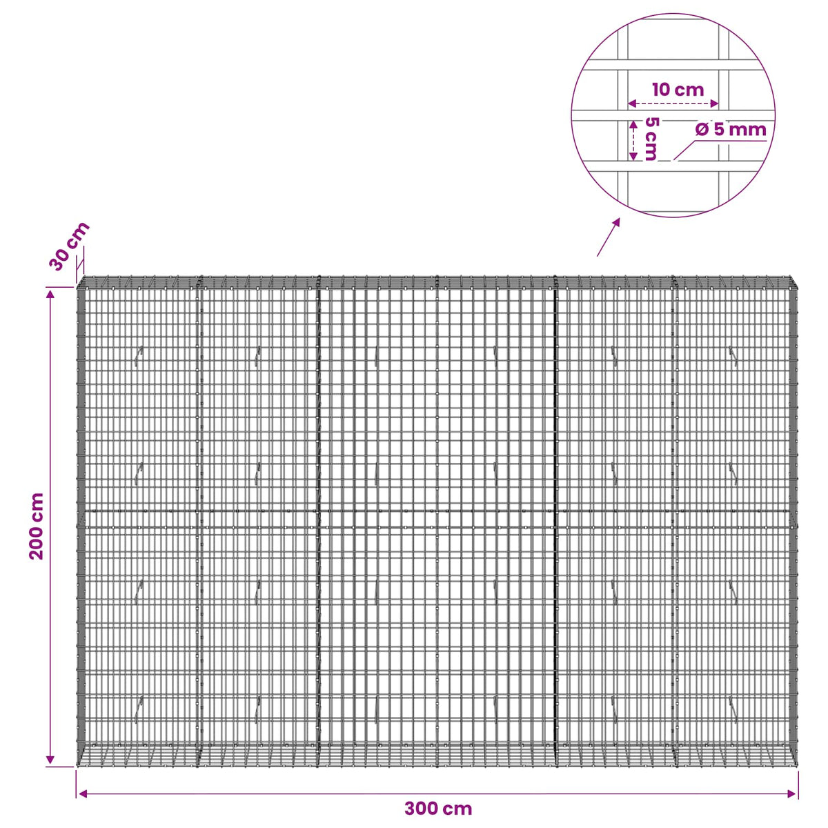 vidaXL Gabion with 5 mm Wire and 5x10 cm Mesh 300x30x200 cm 6