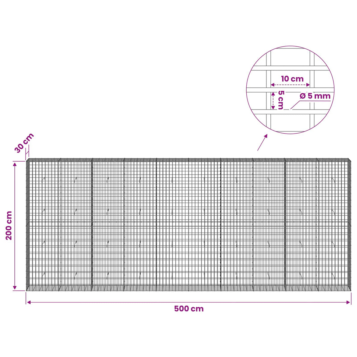 vidaXL Gabion with 5 mm Wire and 5x10 cm Mesh 500x30x200 cm 6