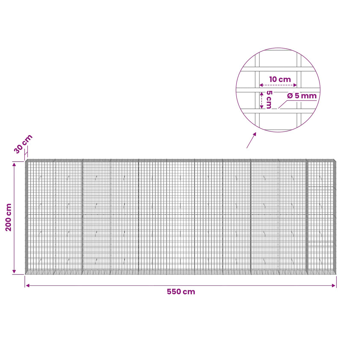 vidaXL Gabion with 5 mm Wire and 5x10 cm Mesh 550x30x200 cm 6